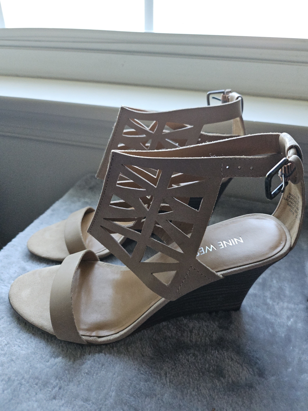 Nine West Leather Taupe Geometric Cutout Wedge Sandals